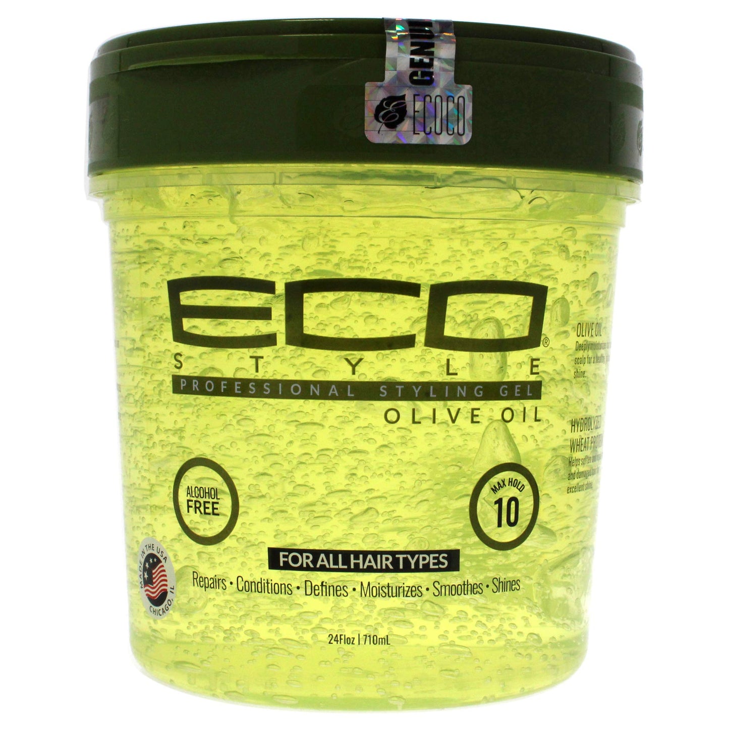 Eco Style ECOCO Gel 100% Pure Olive Oil, Adds Shine and Tames Split Ends, Weightless Style, Nourishes & Repairs, Moisture To The Scalp, Superior Hold, Healthy Shine, 24 Fl Oz