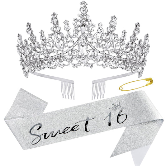 Canitor Sweet 16 Birthday Sashes and Tiaras for Girls 16th Crowns and Sash for Women 16th Birthday Party Decorations Birthday Gifts Party Supplies (silver)