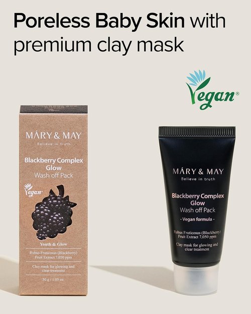 Mary&May Vegan Blackberry Glow Wash Off Mask - Pore Clearing & Anti-Aging Clay - Brightens Skin, 1.01oz