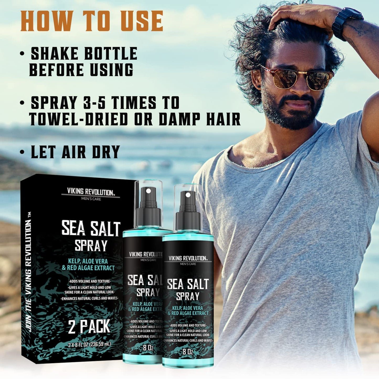 Viking Revolution Sea Salt Spray for Men - Texturizing Hair Spray with Kelp & Aloe Vera | 2-Pack for Beachy Volume