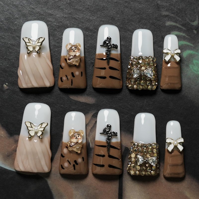 Tesytto Long Duck Press On Nails, 3D Butterfly Cross Bear Tiger Stripe Rhinestone Bow Nude French Tip Acrylic Nails (Diamond Tiger Pattern, S)