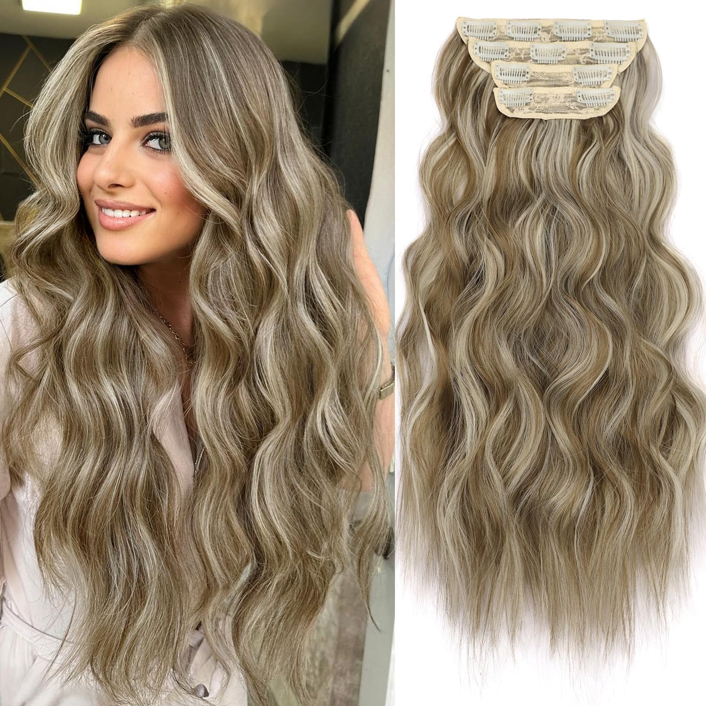 KooKaStyle Clip in Synthetic Hair Extensions Long Wavy 4PCS Thick Hairpieces Light Brown mix Light Blonde F8/613 Fiber Double Weft Natural Hair Extensions 20 Inch for Women