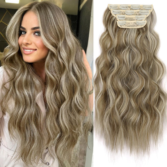 KooKaStyle Clip in Synthetic Hair Extensions Long Wavy 4PCS Thick Hairpieces Light Brown mix Light Blonde F8/613 Fiber Double Weft Natural Hair Extensions 20 Inch for Women