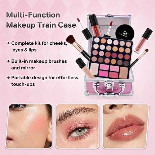 Color Nymph Beginner Makeup Kit - 24-Color Eyeshadow Palette, Blush, Bronzer & Lipstick | Pink Cosmetic Case Included