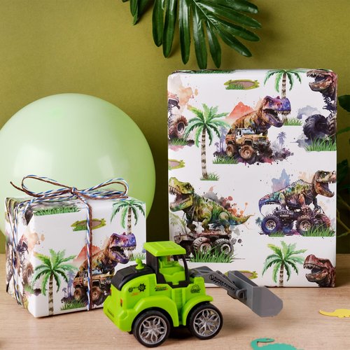 RUSPEPA Dinosaur Wrapping Paper Roll for Kids Boys, Mini Roll, Watercolor T-Rex and Monster Truck Gift Wrap Paper for Birthday, Dino Party, Adventure Celebration, 17 Inches X 16.4 Feet