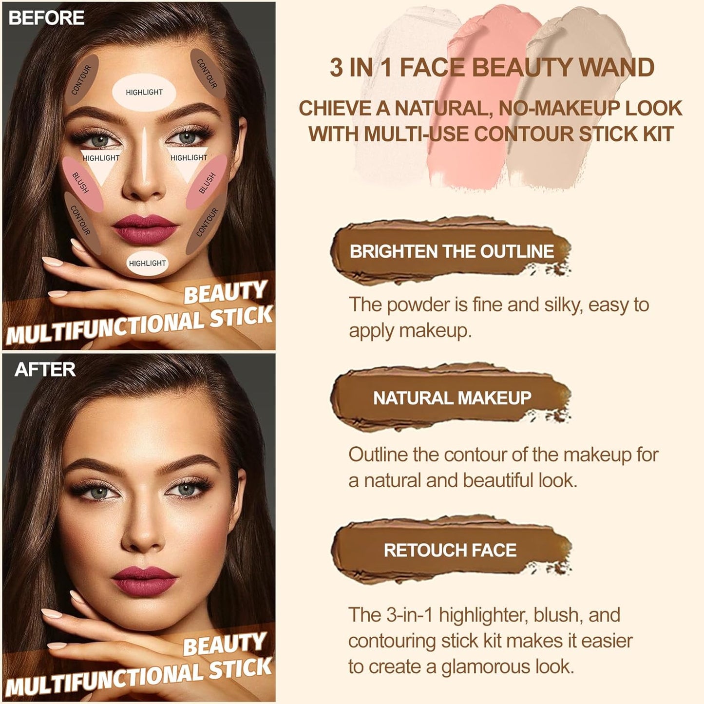 Lezero 3Pcs Contour Stick Makeup Kit, Shades with Highlighter, Blush and Bronzer Stick for Sculpt the Face and All Skin Type, Long Lasting, Smooth, Dewy & Matte Finish, LIGHT