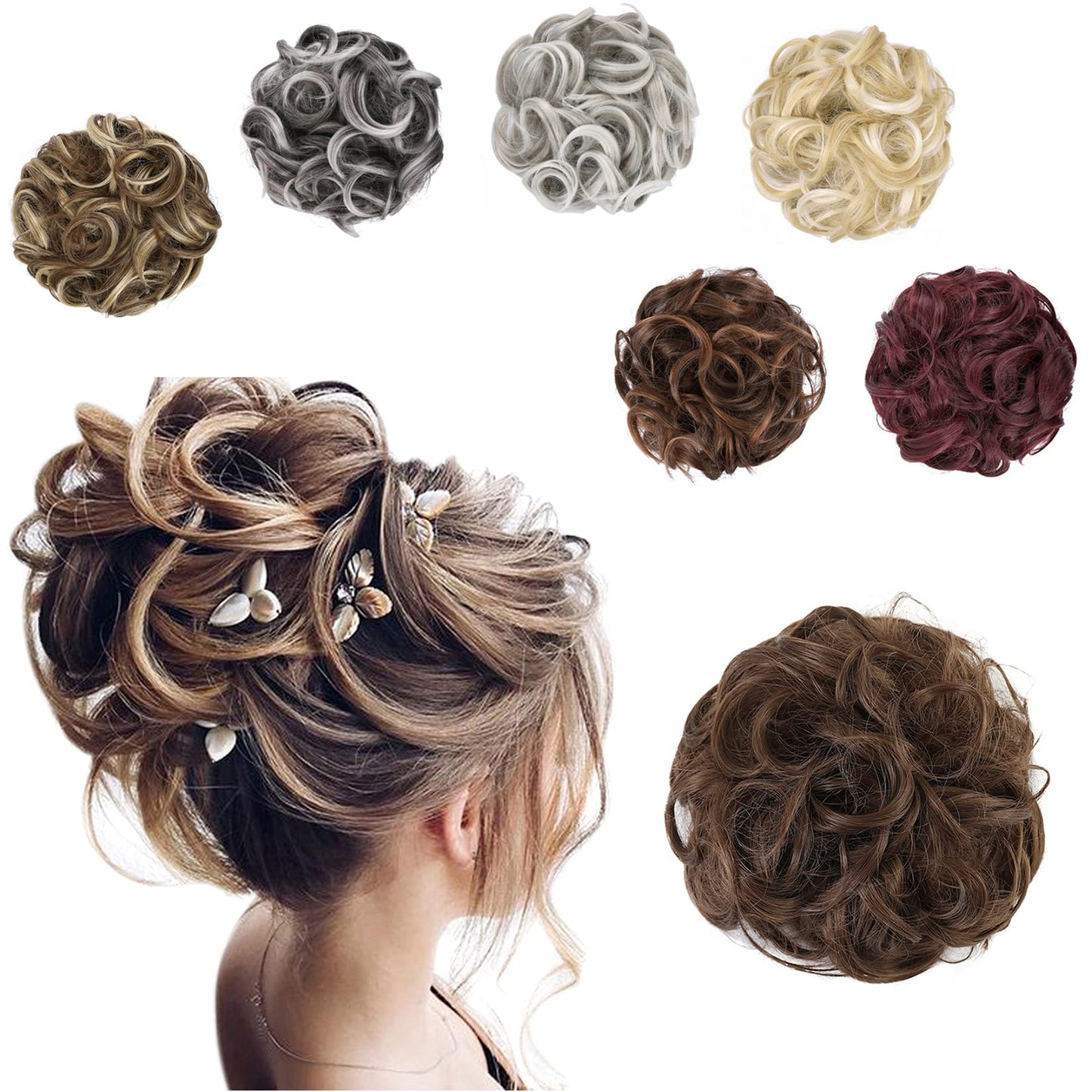 Elaine Big Messy Bun Extension Curly Hair Buns Hair Pieces for Women Synthetic Wavy Large Scrunchies Thick Updo Ponytail (Medium Chestnut Brown -#88)