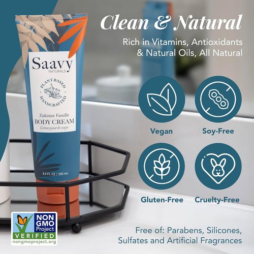 Saavy Naturals Deeply Hydrating Body Cream - Nourishing Shea Butter & Plant-Based Formula | Tahitian Vanilla, 8.5 fl oz (2 Pack)