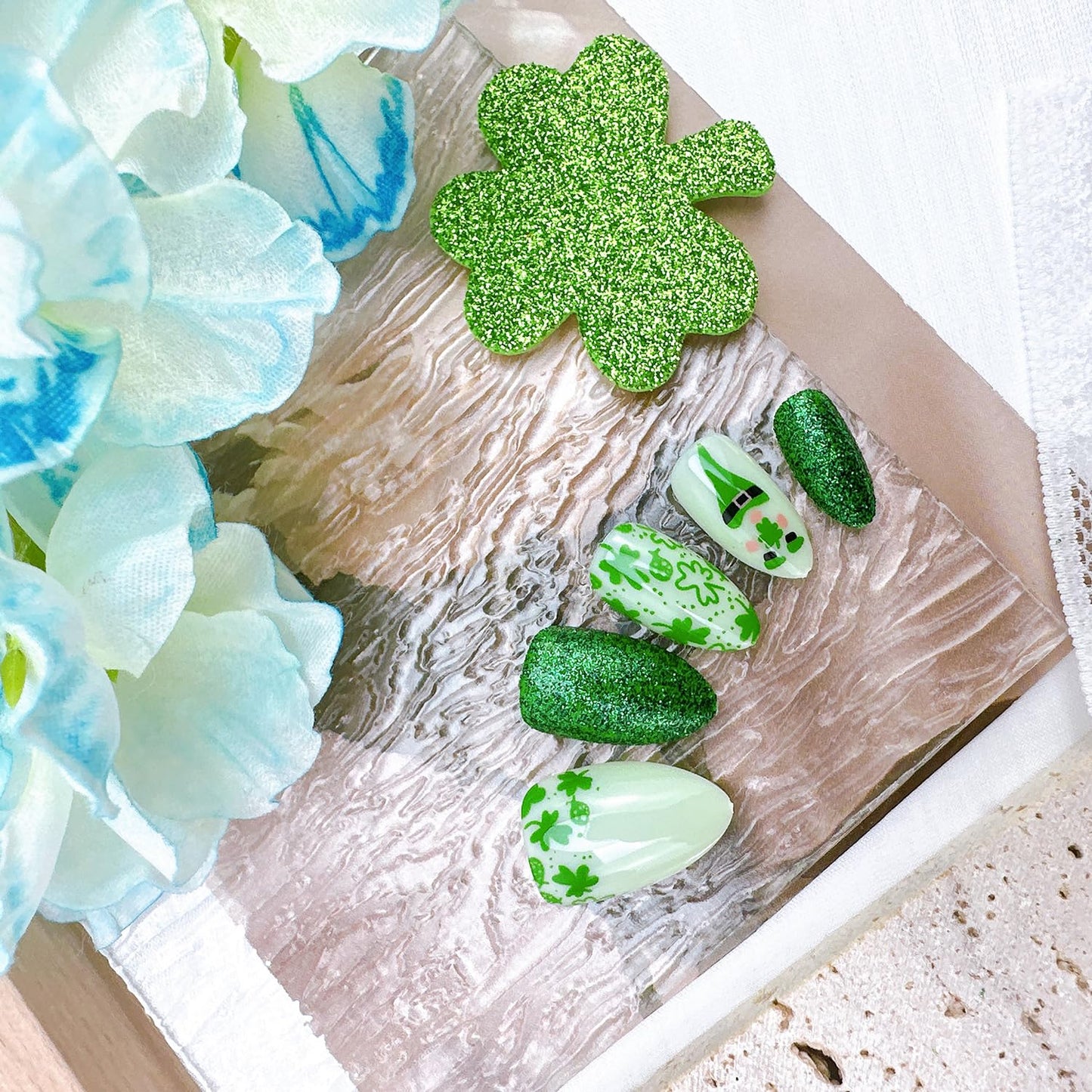 24Pcs St Patrick's Day Press on Nails Short Square Gold French Tip Fake Nails with Gold Rhinestones Horseshoe Rainbow Shamrocks False Nails St Patricks Day Acrylic Nails Irish Stick on Nails for Women