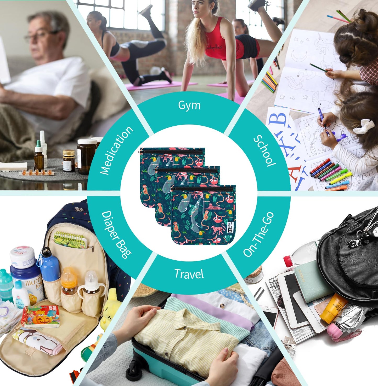 HIONXMGA TSA Approved Toiletry Bag, Set of 3 Clear Travel Toiletry Bag Quart Size Zipper Travel Pouch, Waterproof Makeup Cosmetic Bag for Women Men Kids Toiletries Carry on, Jungle Large