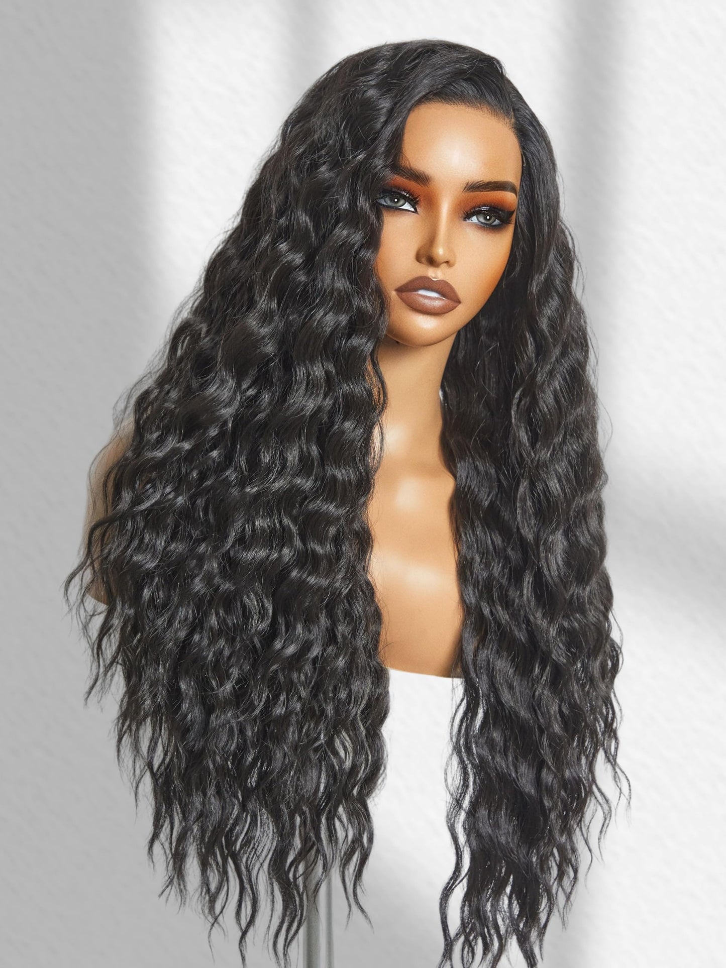 GORGIUS Ocean Wave Lace Front Wigs Pre Cut Glueless Side Part Closure Wig Synthetic Natural Black Long Wig 28 Inch