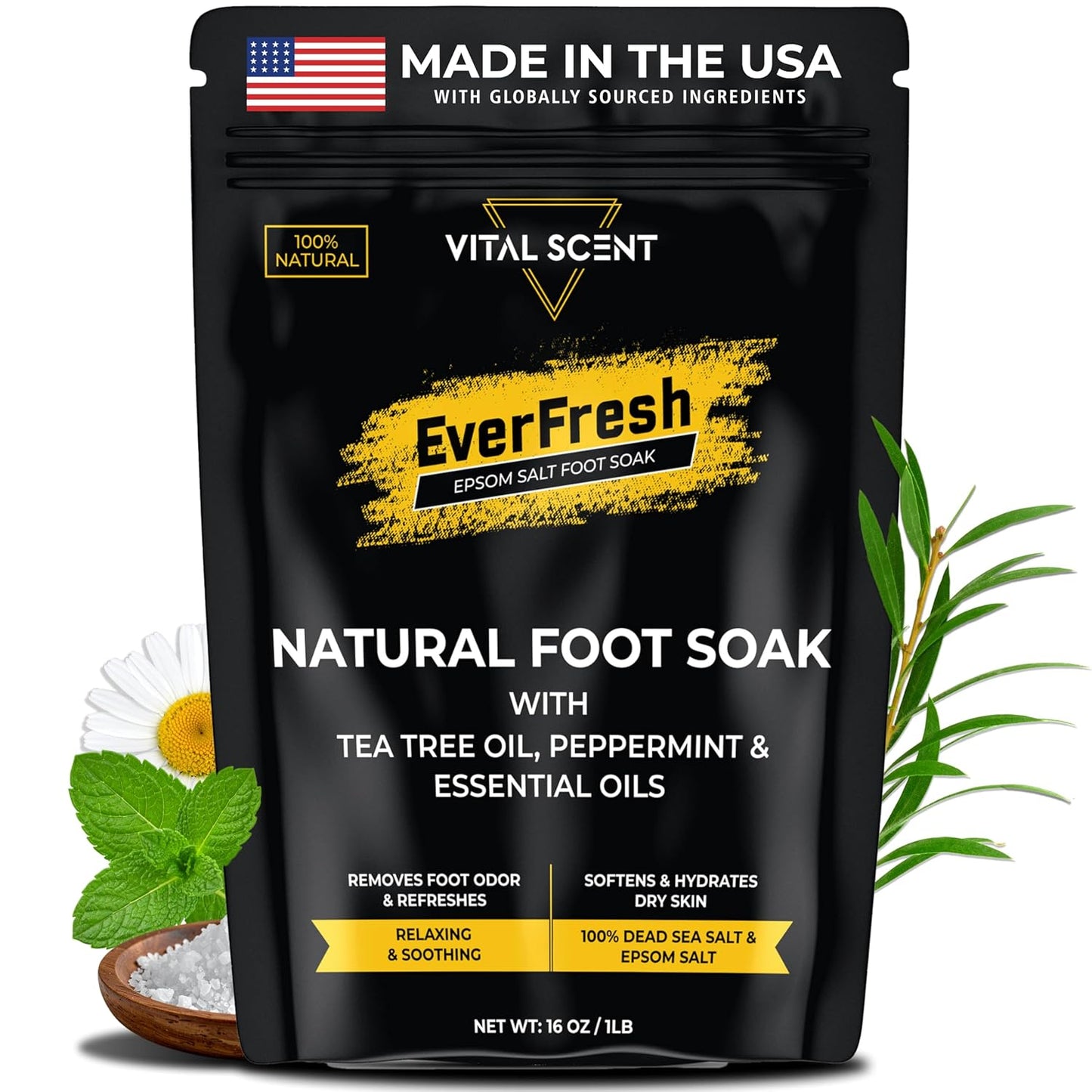 Skiennix Heavy Duty Tea Tree Oil Foot Soak - Epsom Salt for Odor Relief & Callus Softening - 16oz