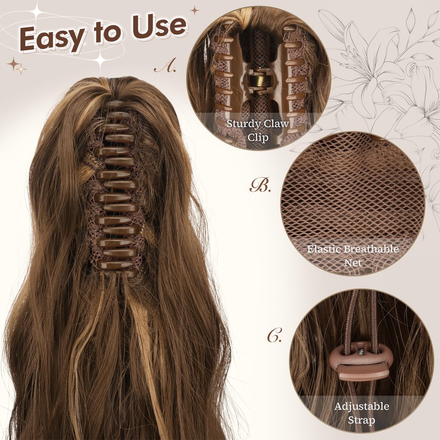 FESHFEN Ponytail Extensions, Long Claw Clip in Ponytail Hairpiece Synthetic Pony Tails Hair Piece Natural Wavy Hairpieces for Women, 20 inch Honey Blonde Mixed Light Brown