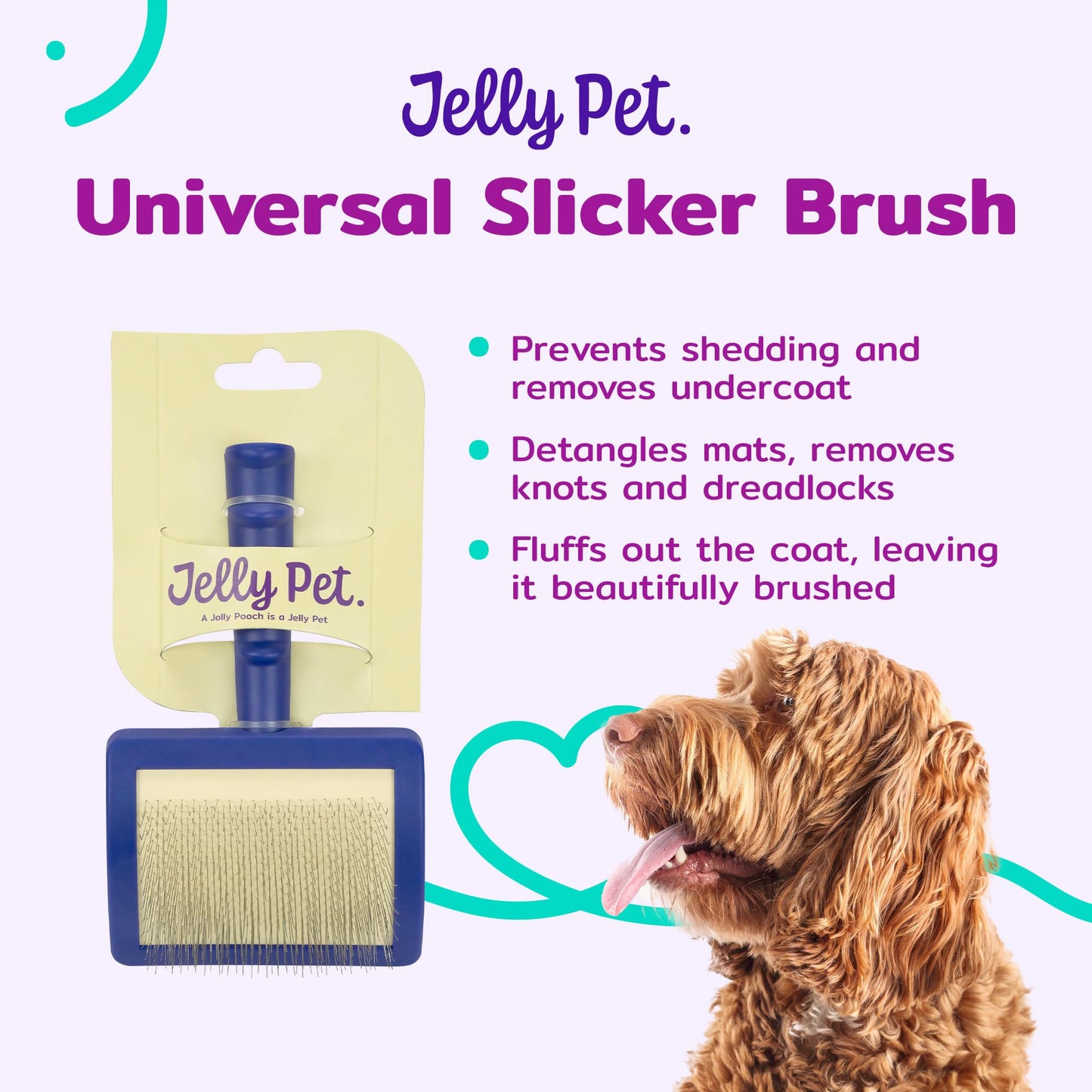 Jelly Pet Universal Slicker Brush for Dogs, Dog Grooming Brush, Remove Tangles/Dead Undercoat, Tuffer Than Tangles, Doodle Huskie Sheep Dog Golden Retriever German Shepherd, Soft Pin, Purple, Large