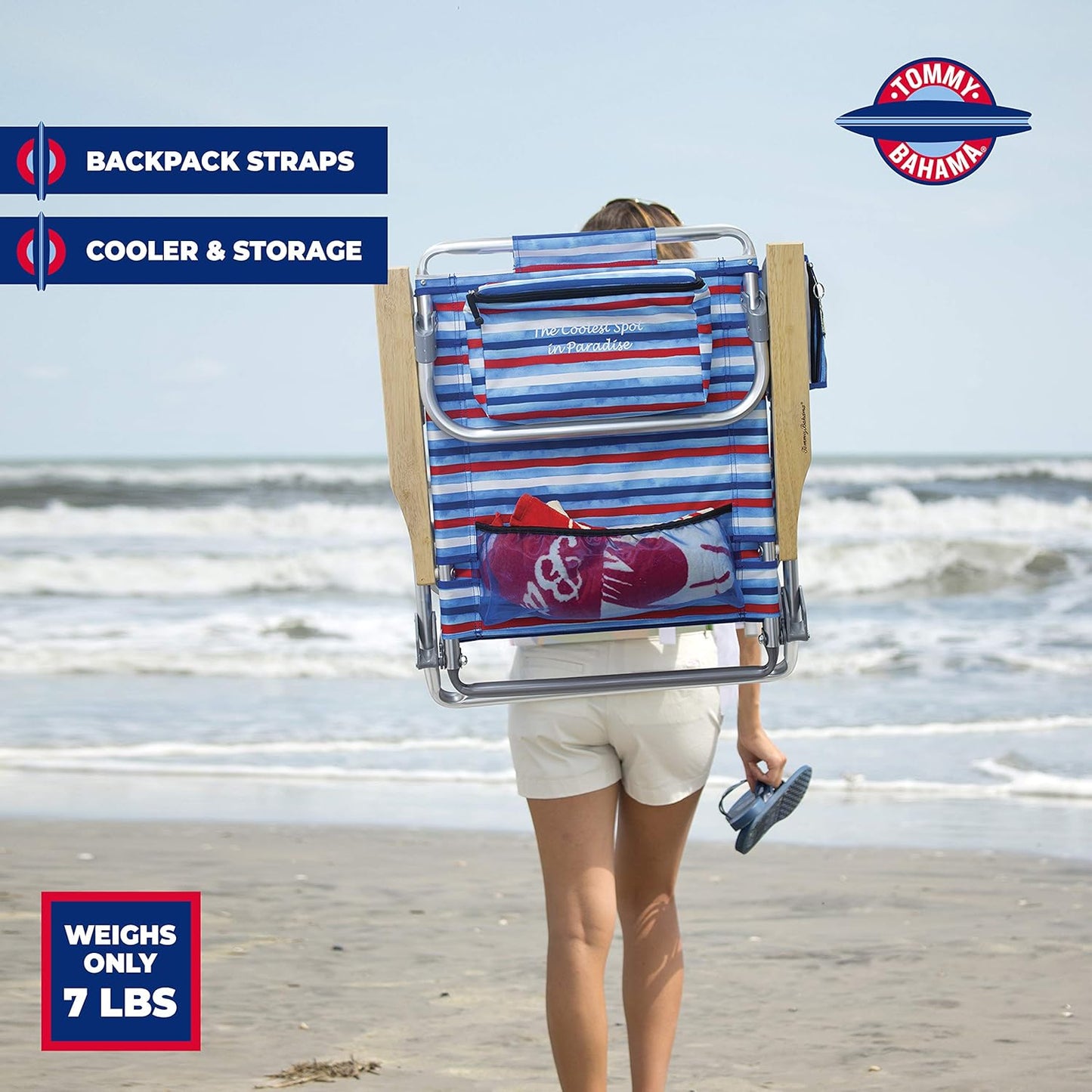 Tommy Bahama Folding Beach Chair - 5-Position Lay Flat Design | Aluminum Frame, Red, White & Blue Stripe