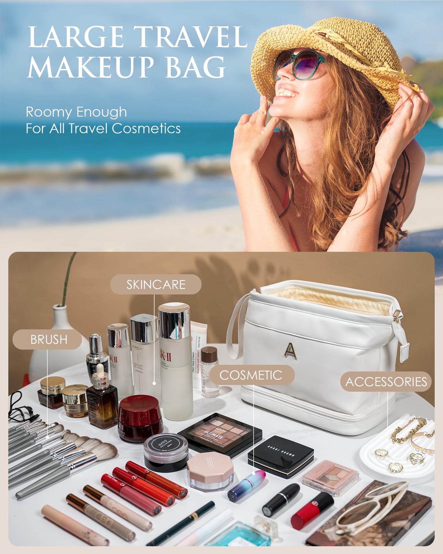 Vogewood Gifts for Women-Birthday Gifts-Teen Girl Gifts Trendy Stuff Initial Makeup Bag for Women, Double Layer Cosmetic Bag with Makeup Brush Organizer, Travel Toiletry Bag,Bride Gift