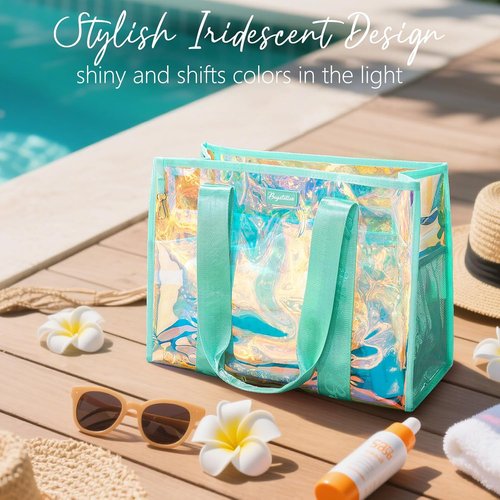 Bagstellar Iridescent Beach Tote Bag - Large Waterproof & Sandproof with Makeup Bag & Pouch | Adjustable Strap, Packable Travel Essential for Women
