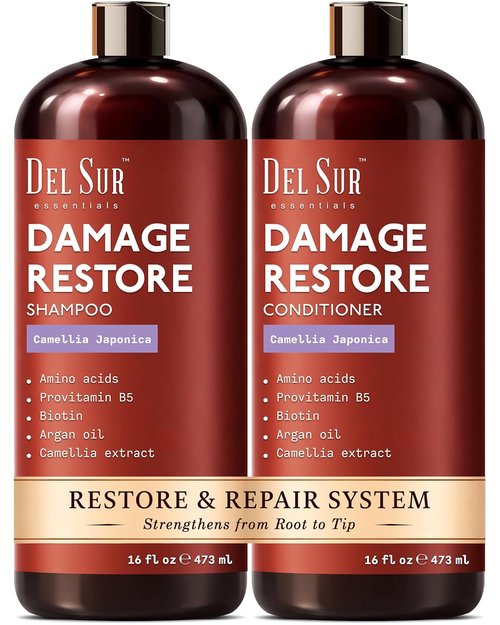 DEL SUR Hair Repair Shampoo & Conditioner Set - 16 Fl Oz Each | Moisturizing with Camellia Japonica & Biotin