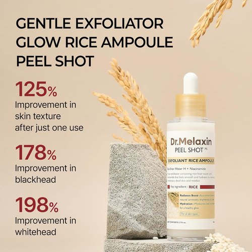 Dr.Melaxin Glow White Rice Peeling Ampoule - Brightening Exfoliating Serum with AHA/BHA & Niacinamide, 2.71 fl. oz.