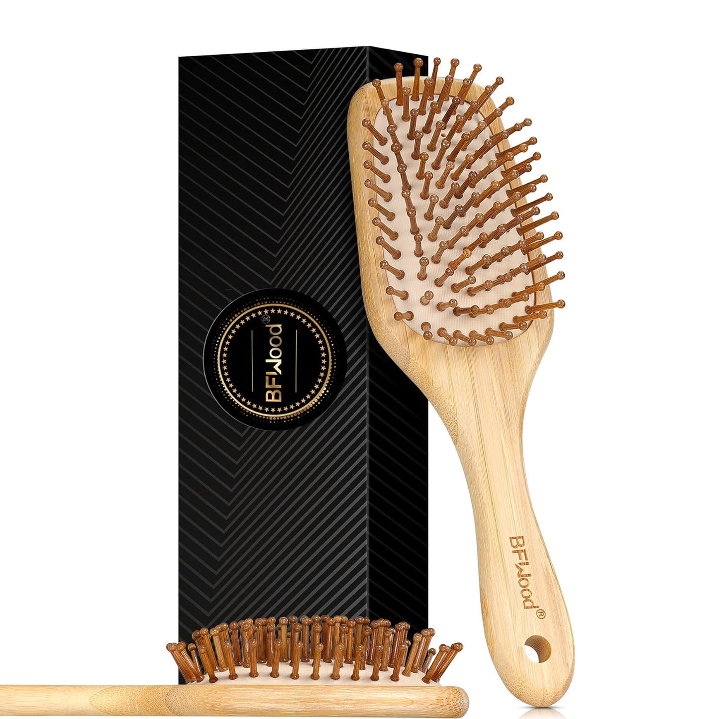 BFWood Bamboo Hair Brush - Paddle Design with Rounded Wood Bristles for Detangling & Scalp Massage