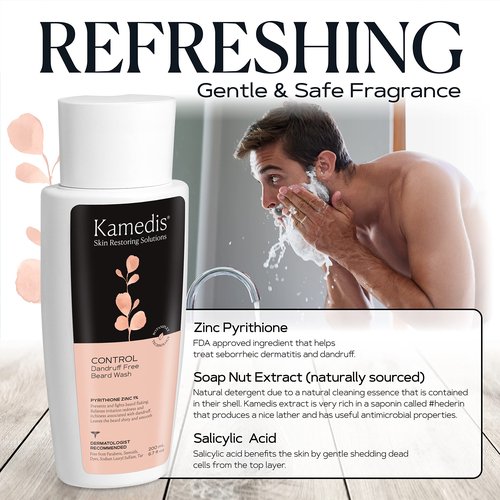 KAMEDIS Beard Wash - 6.7 Oz, Dandruff & Flake Free Ultimate Men's Shampoo, Contains Pyrithione Zinc & Salicylic Acid, Alleviates Itching & Irritation