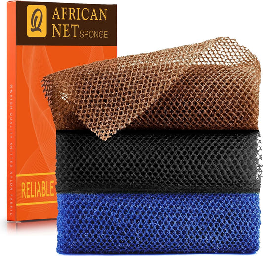 Skiennix African Bath Sponge Set - Exfoliating Shower Body Scrubber | 3 Pieces in Black, Blue, Brown