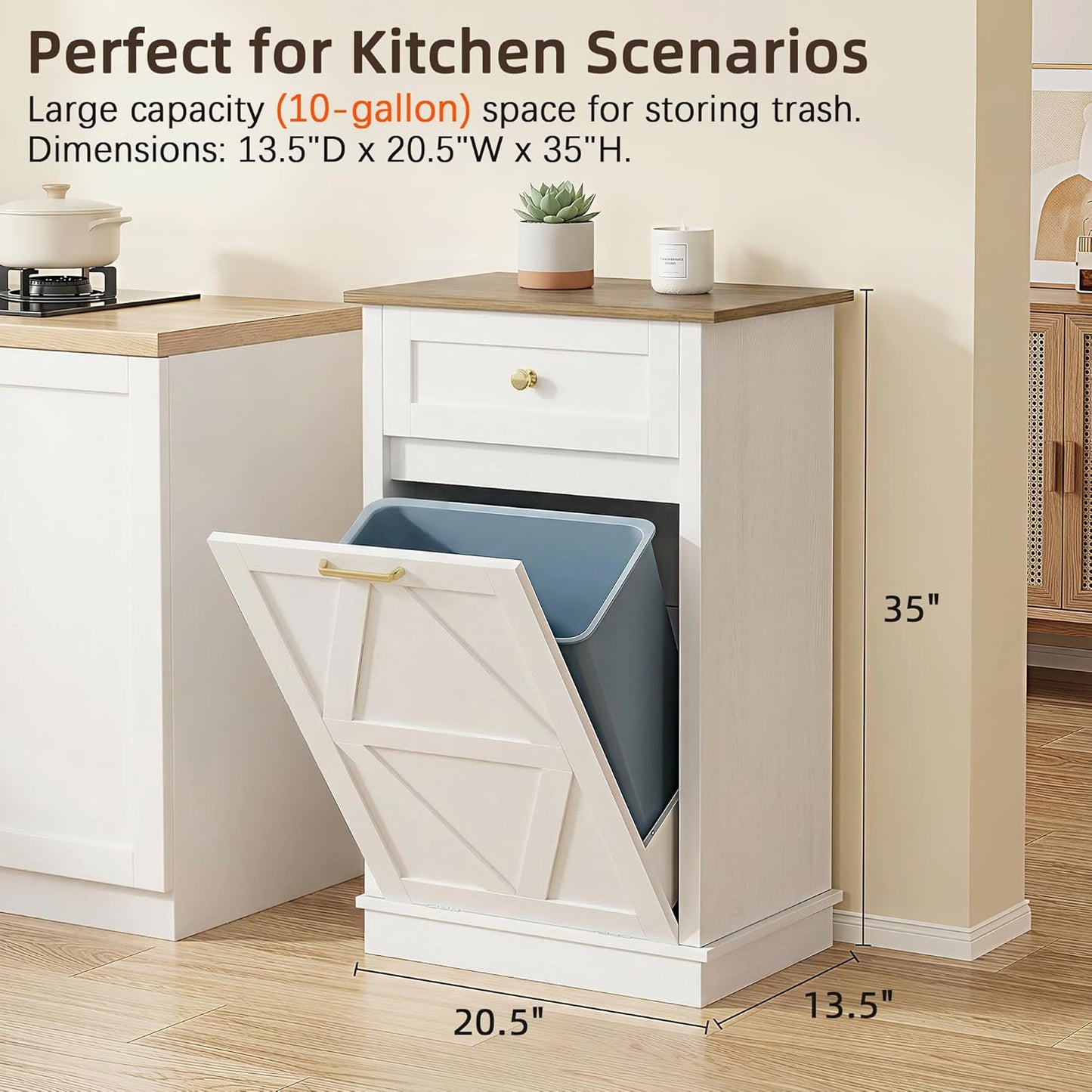 YESHOMY Tilt-Out Trash Cabinet - 10 Gallon Hidden Wooden Bin for Kitchen & Dining Room - White Finish