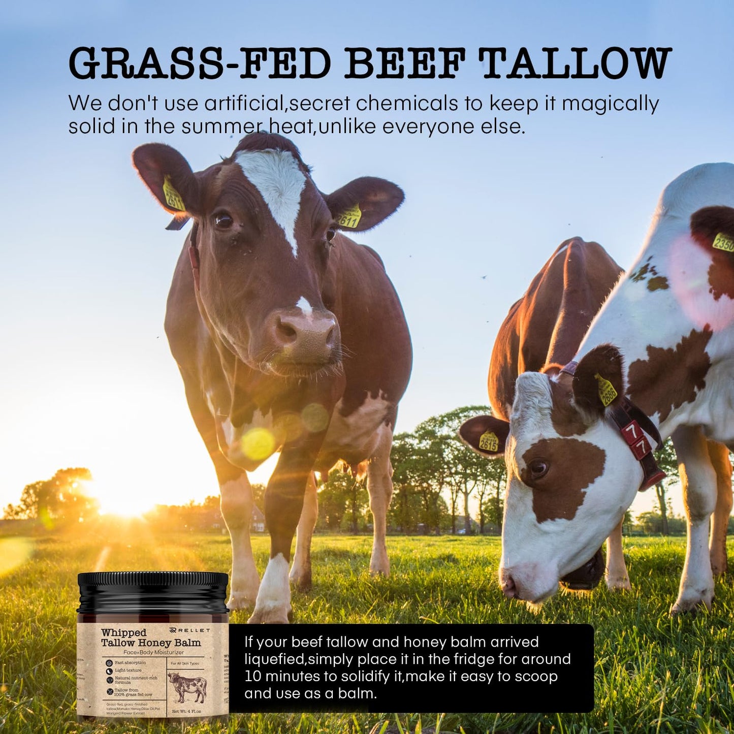 Beef Tallow and Honey Balm for Skin: 4oz Grass Fed Whipped Beef Tallow With Honey Face Body Moisturizer - Organic Unscented Fast Absorption Tallow Cream Infused with Manuka Honey Beeswax Olive Oil