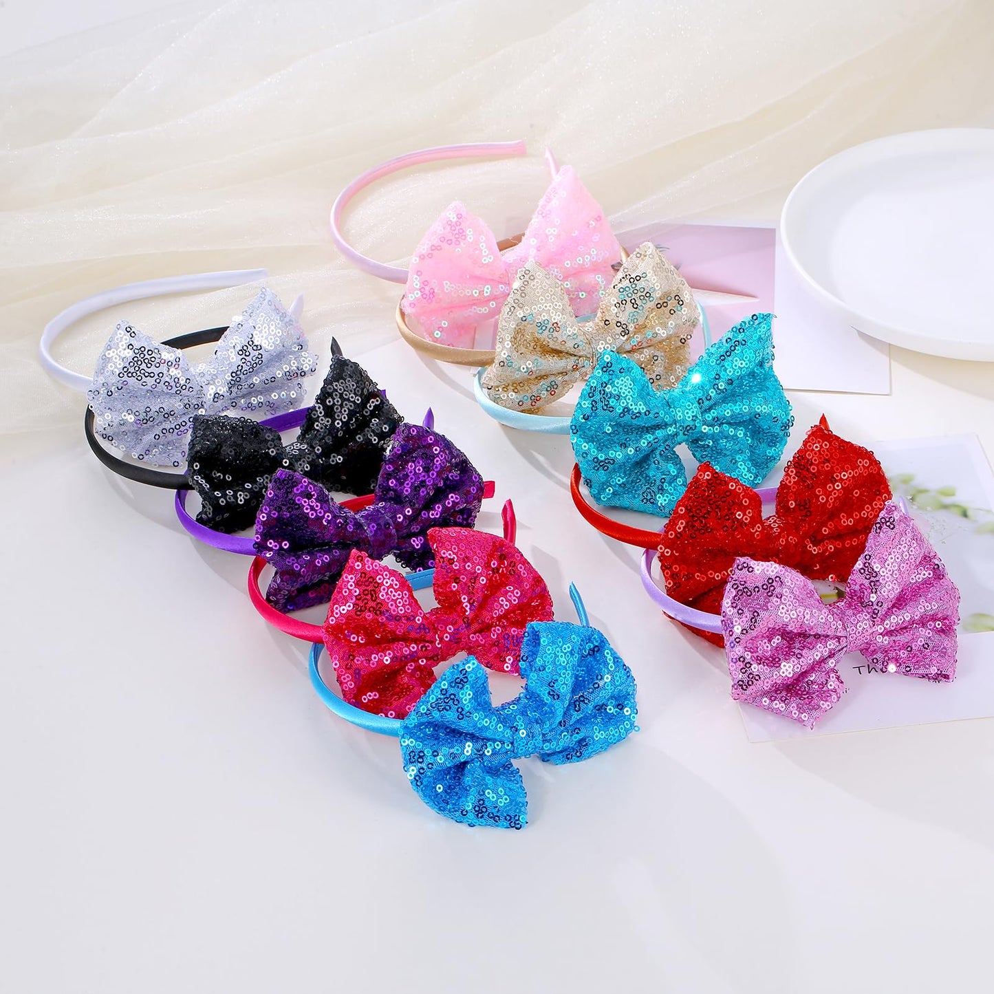 Kiszu Sparkly Sequin Hair Bow Headbands Fashion Glitter Cute Boutique Ribbon Bows for Girls, Kids, and Women (Sliver,Peacock Green)