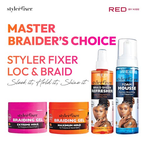 Red by Kiss Braiding Gel Maximum Hold Styler Fixer for Box Braids & Cornrows, Hydrating, Conditioning, Long-Lasting Frizz Control, 4C Moisturizing, Nourishing High Shine, No Flake(1 fl.oz.)
