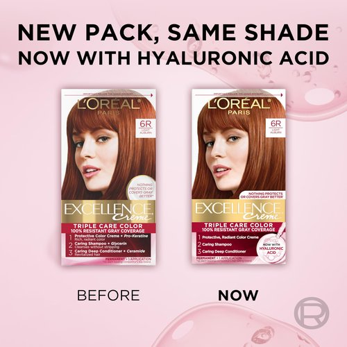 L'Oreal Paris Excellence Crème Permanent Hair Dye, Triple Care Hair Color with Hyaluronic Acid for 100% Gray Coverage, 6R Light Auburn, 1 Kit (Packaging May Vary)