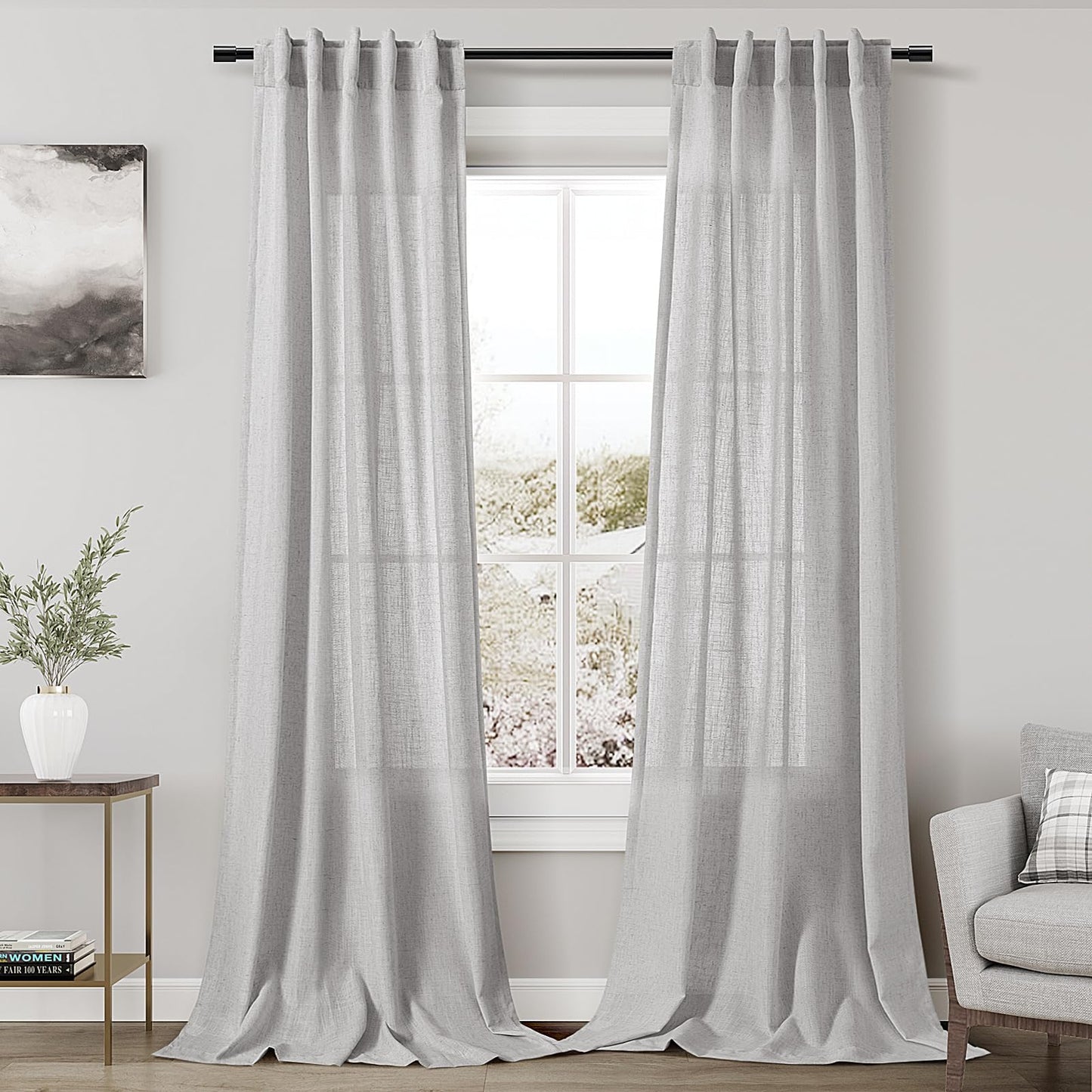 Nanspring Natural Linen Curtains for Kitchen Windows Over Sink - Cafe Curtain Semi Sheer with Rod Pocket and Back Tab Lightweight Rustic Textured Bistro Curtains for Bathroom, 2 Panels 25 x 24 Inch