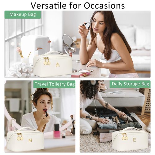 CLOUDWINGS Initial Makeup Bag Gifts for Women Bridesmaid Gifts Travel Toiletry Personalized PU Leather Waterproof Cosmetic Bag (Medium-Beige-A)