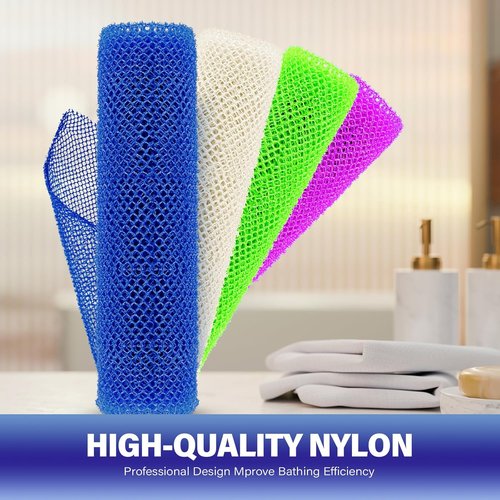 African Bath Sponge | 4-Piece Exfoliating Net Bath Sponge Set for Silky Smooth Skin - Blue, Green, Purple, White