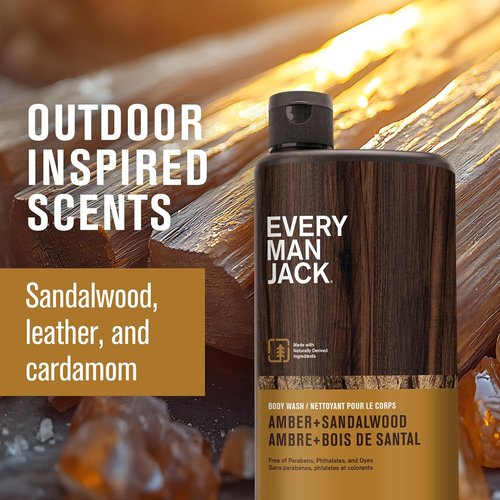 Every Man Jack Amber & Sandalwood Hydrating Body Wash - Nourish & Cleanse All Skin Types - 24oz (Pack of 2)