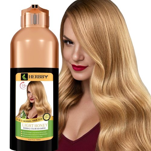 HERBBY Hair Color Shampoo - Gray Hair Coverage & Color Transformation with 9 Herbal Extracts | Long-Lasting Shine, 500ml (Light Honey Color)