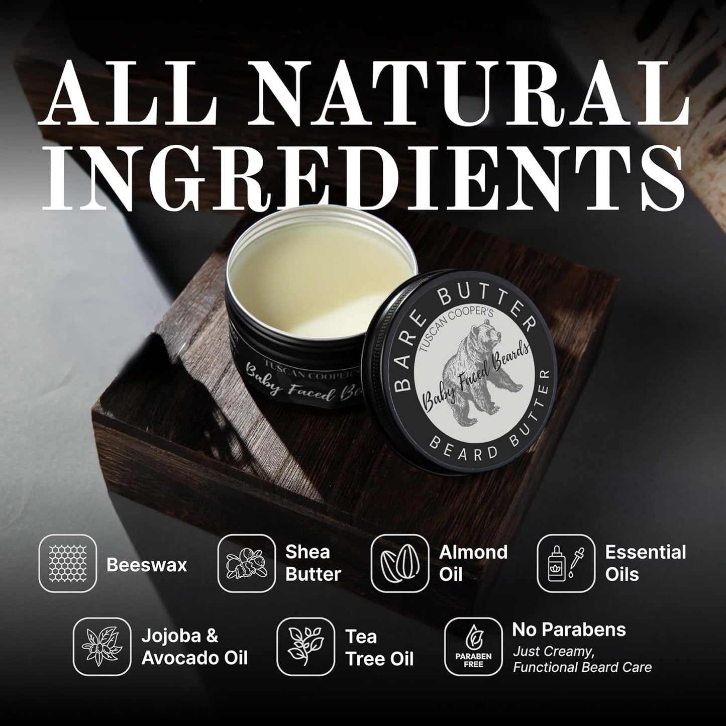 Tuscan Cooper's Beard Butter - Moisturizing Balm for All Hair Types | 4oz Bare Unscented Hydration
