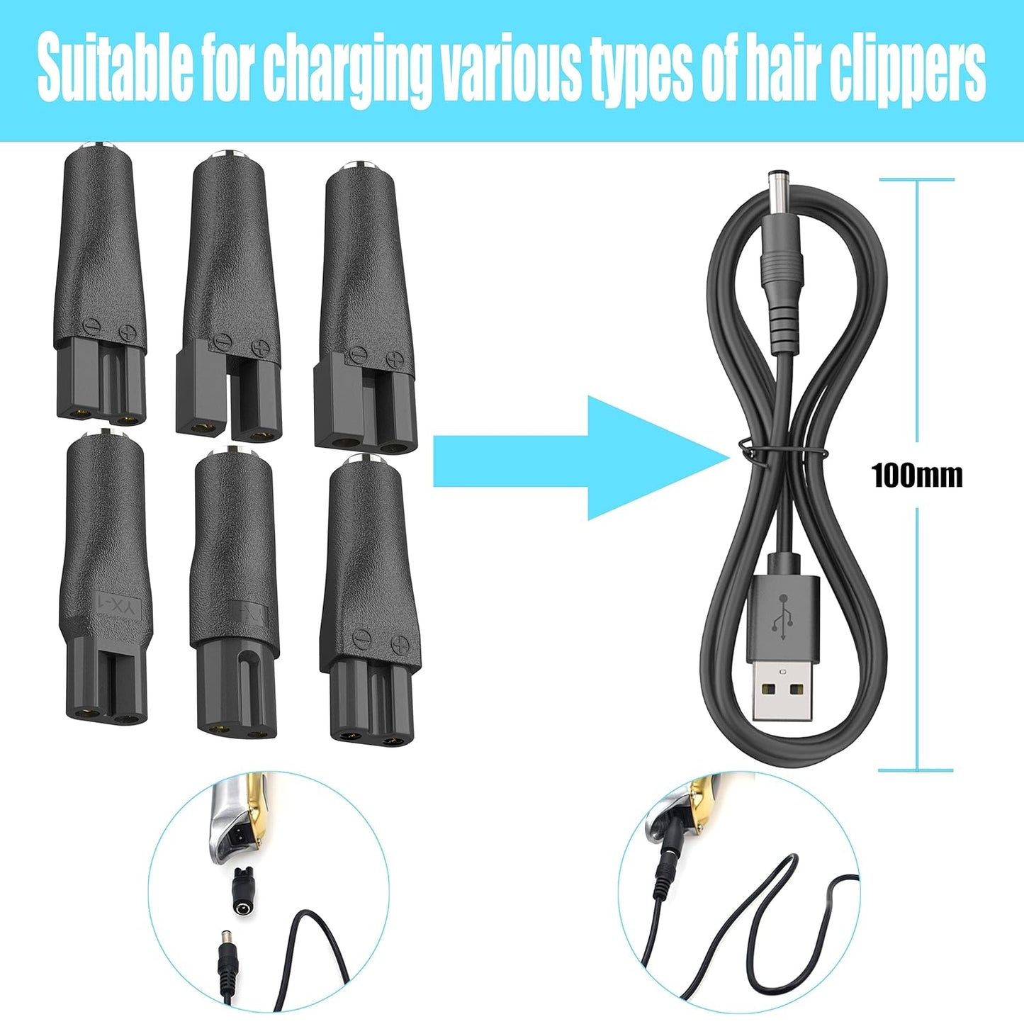 Skiennix 7 PCS USB Power Cord Charger Set - Compatible with Hair Clippers, Beard Trimmers & More