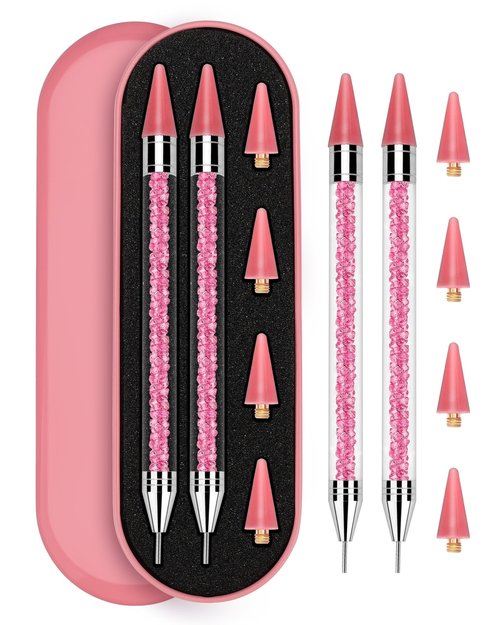 Rolybag Rhinestone Picker Tool, 2PCS Rhinestone Applicator Tool Dotting Wax Pen Dual-Ended with 4PCS Replaceable Wax Tips for DIY Nail Art Tool (Pink)
