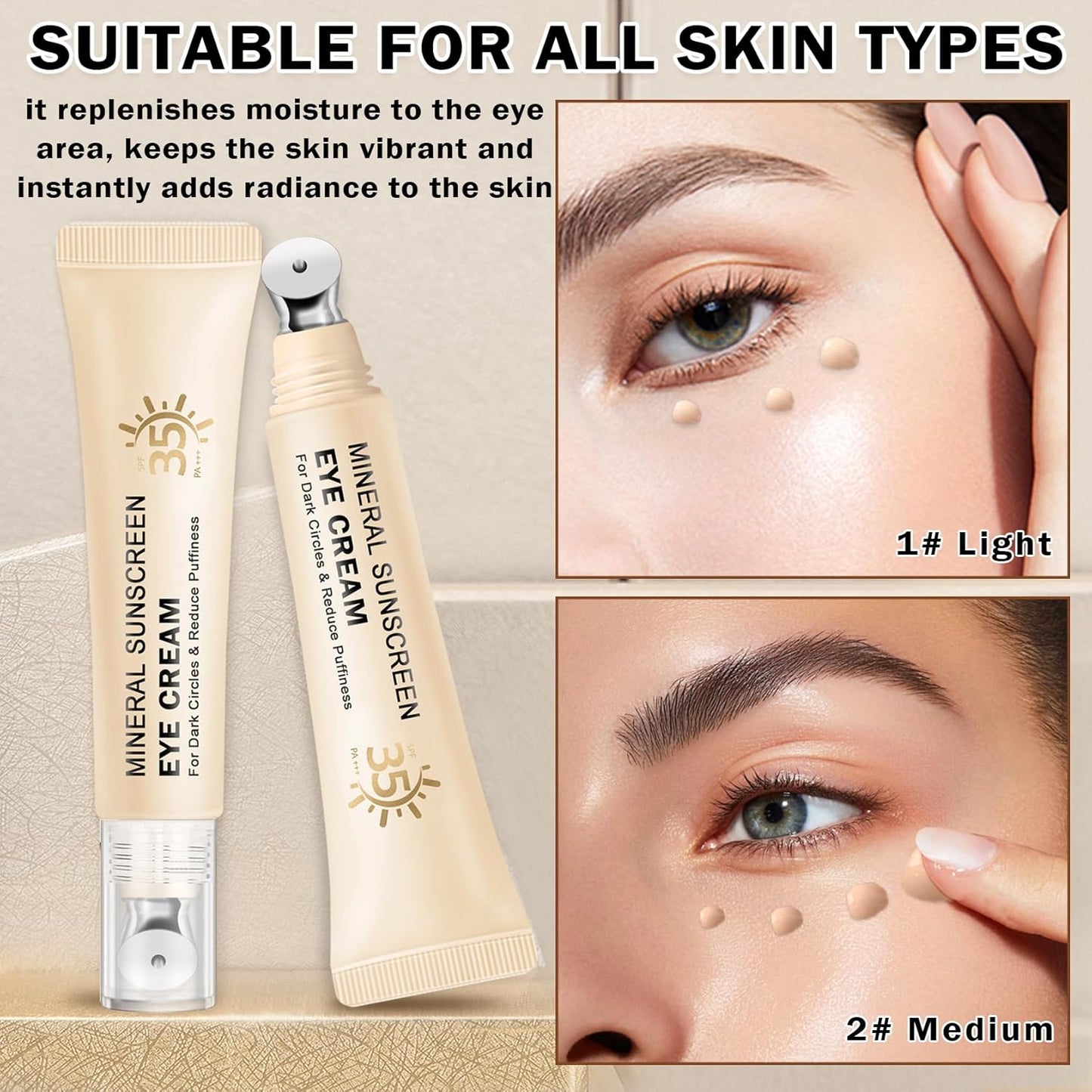 Skiennix Mineral Sunscreen Eye Cream - 3-in-1 Under Eye Treatment for Puffiness, Dark Circles & Wrinkles | SPF 35 (Light)