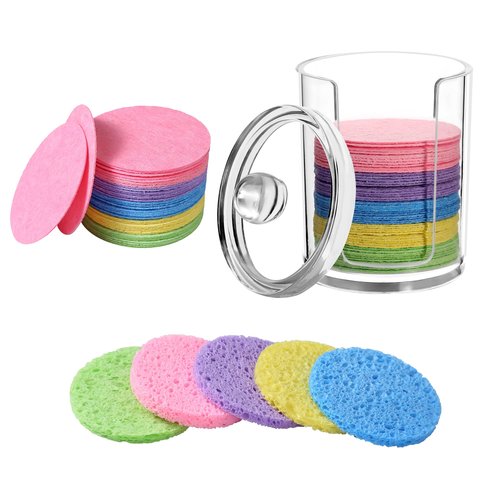 50-Count Compressed Natural Facial Sponges for Face Cleansing, Reusable Cosmetic Sponge, Used for Exfoliating and Makeup Removal With Clear Plastic Storage Jar (Colourful, 50pcs）