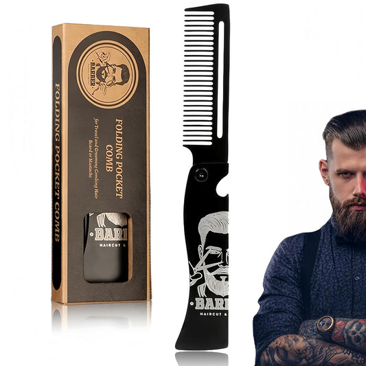 Skiennix Men's Metal Folding Pocket Beard & Mustache Comb - EDC Knife Comb with Bottle Opener | Anti-Static for Stylish Haircuts - Black