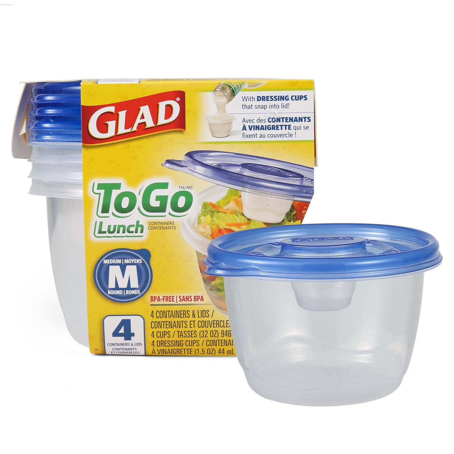 Glad GladWare To Go Snack Food Storage Containers - Medium Round - Meal Container Holds up to 24 Ounces of Food - Lock Tight Seal, 4 Count