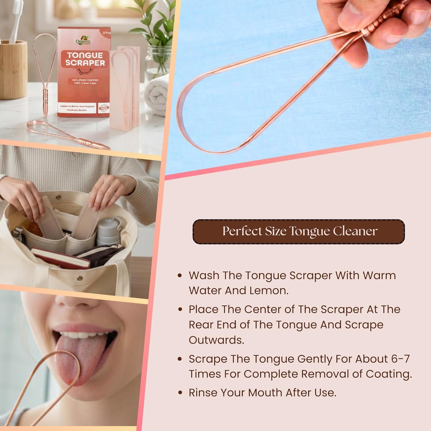Skiennix Tongue Scraper for Adults - 100% Copper | Multicolor Travel Cases for Easy Oral Care