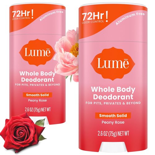Lume Whole Body Deodorant - 72-Hour Odor Control - Aluminum & Baking Soda Free - 2.6 oz (Pack of 2) | Peony Rose