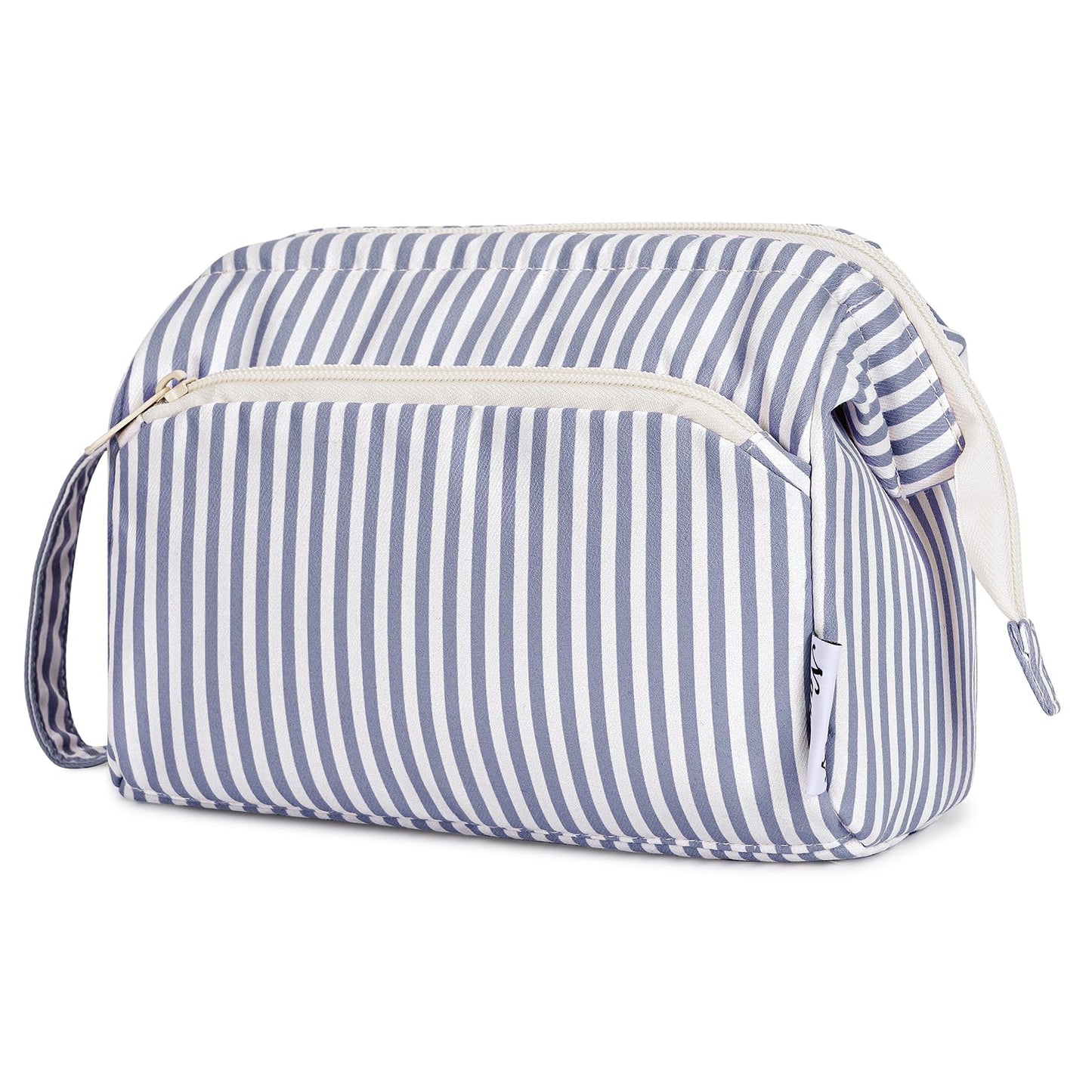 Narwey Striped Wide Open Makeup Bag Women, Travel Toiletry Bag for Women Cosmetic Bag Organizer Make up Bags with Compartments, Gift for Teen Girls (Greyish Blue Stripe)