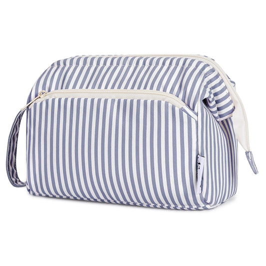 Narwey Striped Wide Open Makeup Bag Women, Travel Toiletry Bag for Women Cosmetic Bag Organizer Make up Bags with Compartments, Gift for Teen Girls (Greyish Blue Stripe)