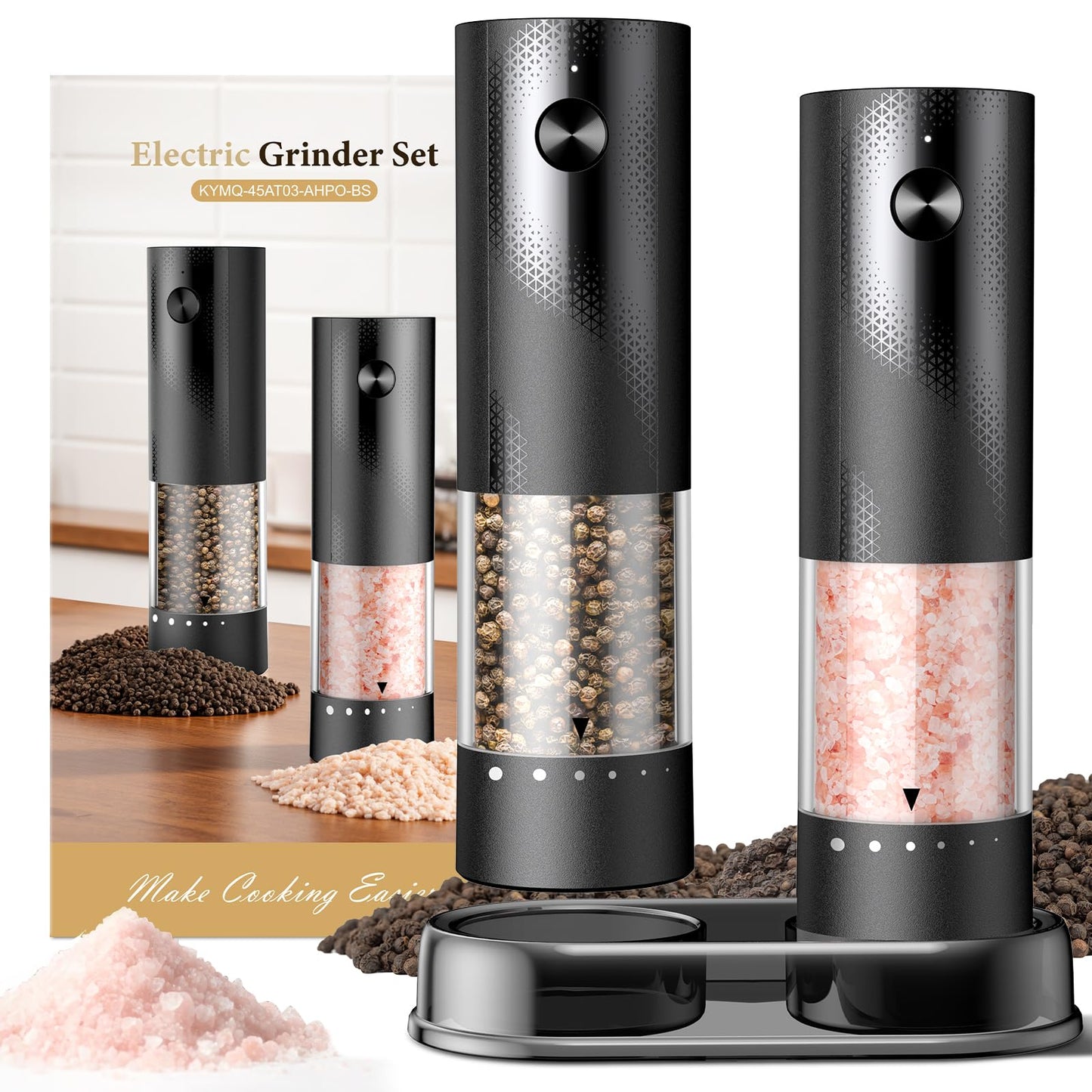 Electric Salt and Pepper Grinder Set - Rechargeable Automatic Salt and Pepper Shakers, Kitchen Appliances with External Adjustable Coarseness, Larger Hopper for Cooking, Home Gifts(2 Pack,Black/Black)