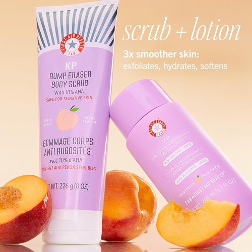 First Aid Beauty Peachy Smooth Duo - KP Bump Eraser Scrub & Brightening Lotion with 10% AHA | 8 oz Scrub, 6.7 oz Lotion