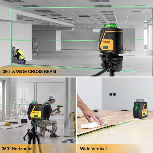 PREXISO 360 Laser Level - Rechargeable IP54 Vertical Line Laser with Tripod | 100Ft Green, 3 Brightness Settings for Construction & Renovation